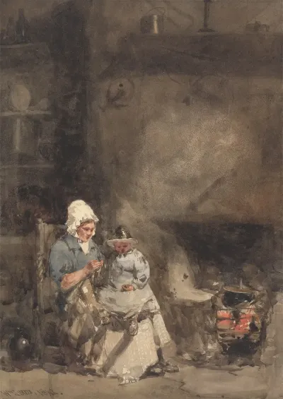 A Woman And Child By A Hearth
