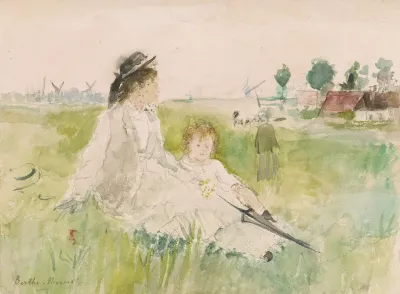 A Woman And Child Seated On The Grass