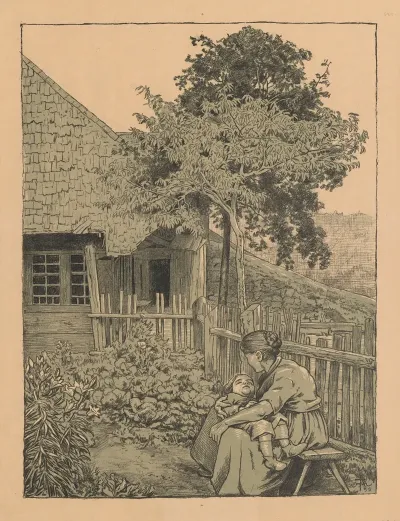 A Woman And Her Child Sitting In The Garden In Front Of A House