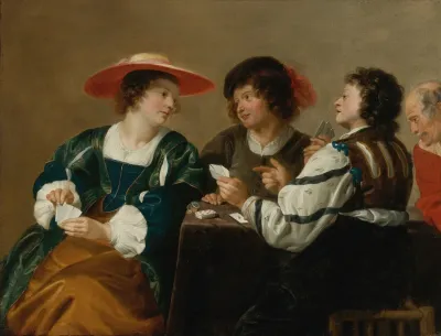 A Woman And Three Men Seated Around A Table Playing Cards
