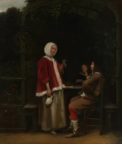 A Woman And Two Men In An Arbor