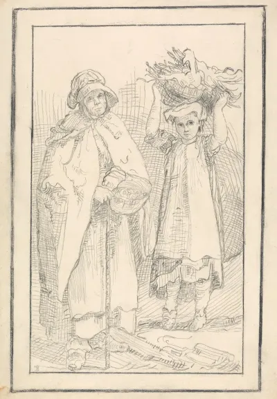 A Woman And Young Girl With Baskets