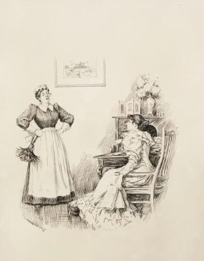 A Woman At Her Desk Talks With Her Maid