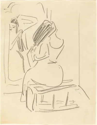 A Woman Combing Her Hair In Front Of A Mirror