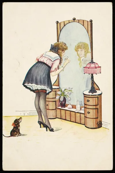 A Woman Doing Her Makeup And A Dog