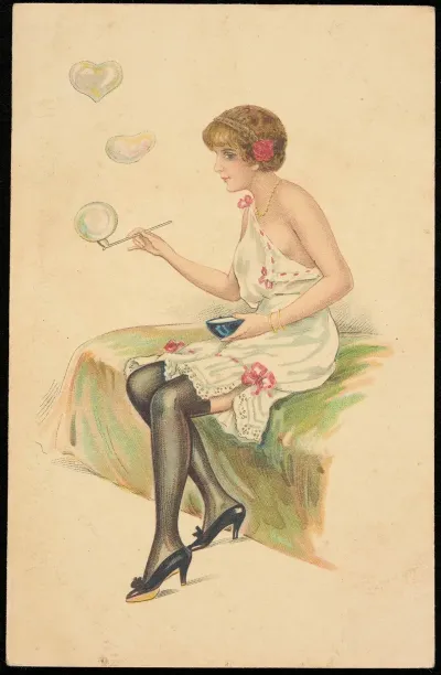 A Woman In A Negligee Blows Soap Bubbles