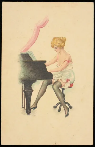 A Woman In A Negligee Plays The Piano