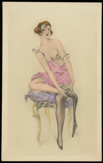 A Woman In A Negligee Sitting On A Stool