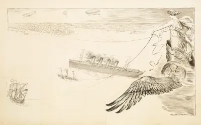 A Woman In A Winged Chariot Holds The Reins To Ships A Plane A Dirigible And A Hot Air Balloon As They Travel Towards A Crowded City