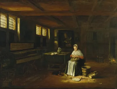 A Woman In An Interior Peeling Vegetables