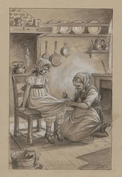A Woman Is Kneeling Next To A Girl Sitting On A Stool The Woman Is Sewing The Girls Dress