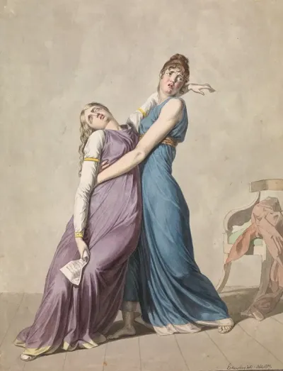 A Woman Is Supporting Another Woman Who Has Fainted Upon Reading A Letter