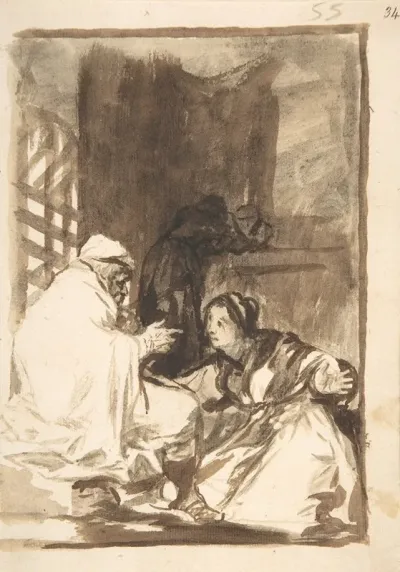 A Woman Kneeling Her Arms Wide Before An Old Man