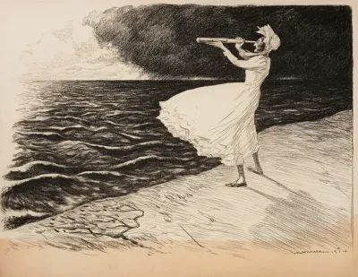 A Woman Looks Out To Sea With A Telescope
