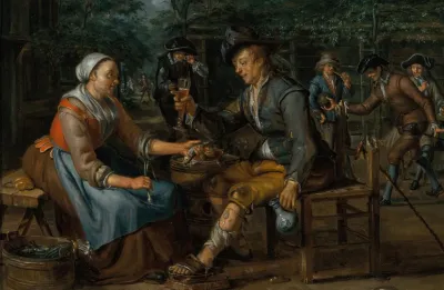 A Woman Offering An Onion And A Herring To A Young Man Holding A Glass Of Beer Others Smoking And Playing Skittles Behind Them