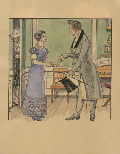 A Woman Offers A Caramel To A Man In A Top Hat And Walking Stick