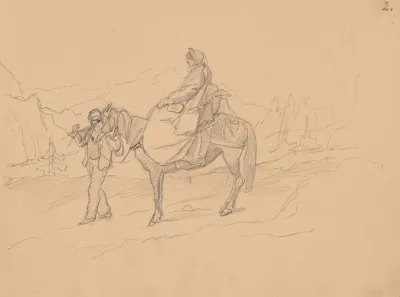 A Woman On A Horse Led By A Man In Fez