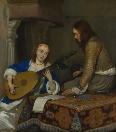 A Woman Playing The Theorbo Lute And A Cavalier