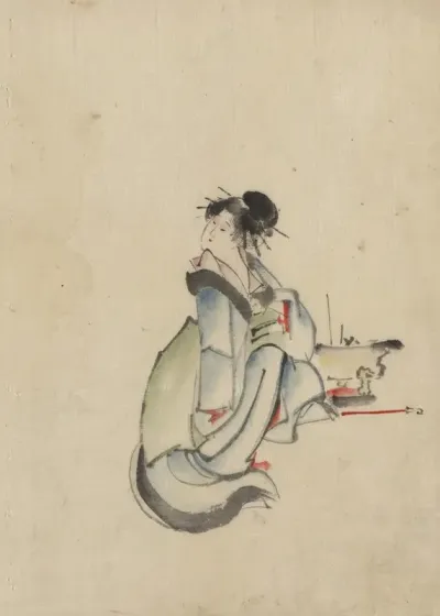 A Woman Possibly A Courtesan Seated Facing Right With Her Head Turned To Look Back Over Her Right Shoulder Wearing Several Hairpins