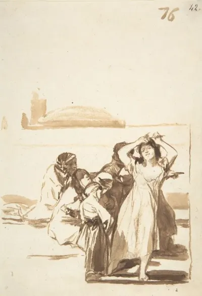 A Woman Pulling At Her Hair Being Watched By A Group Of Figures