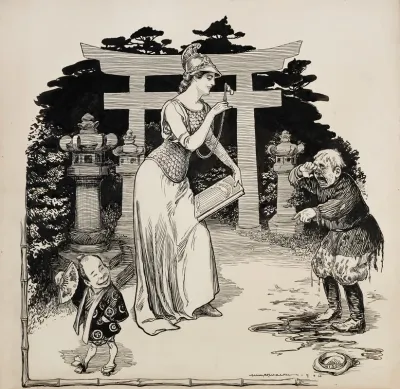 A Woman Representing Civilization Comforts A Crying Child Russia As A Smiling Child Japan Looks On