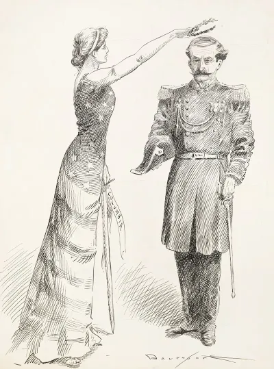 A Woman Representing Columbia With A Stars And Stripes Dress Puts A Laurel Wreath On The Head Of A Man In A Military Uniform