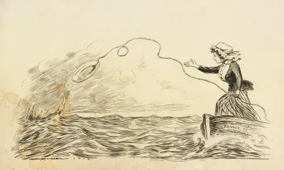 A Woman Representing France In A Small Boat On Choppy Seas Throws A Life Preserver To A Drowning George Washington