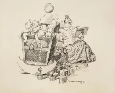 A Woman Representing Tariffs Rocks A Cradle With Many Babies Representing The Trusts