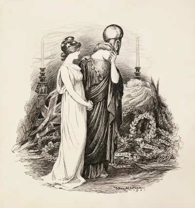 A Woman Representing The United States Tries To Comfort A Woman In Military Garb Who Grieves The Death Of Queen Victoria Of The United Kingdom