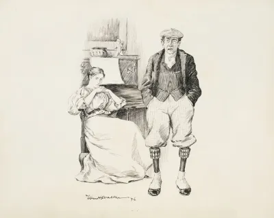 A Woman Seated At A Piano And A Standing Man Hands In His Pockets And Smoking A Cigarette
