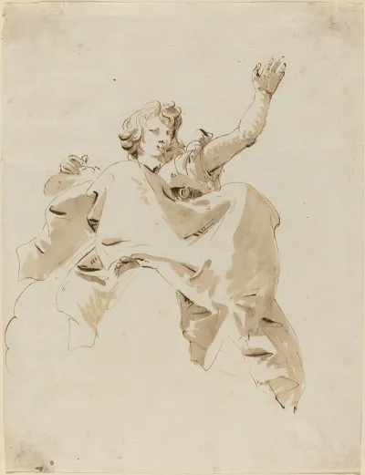 A Woman Seated On A Cloud Seen From Below