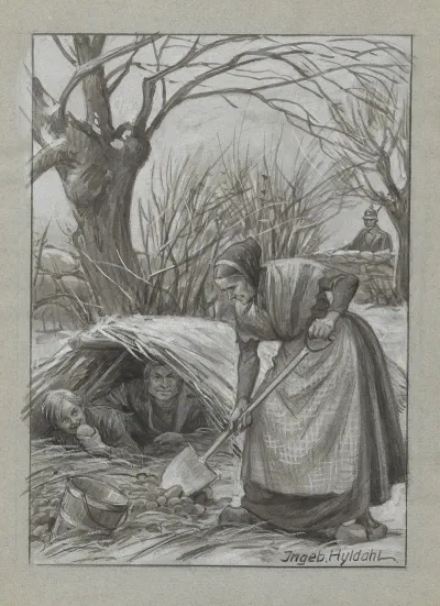 A Woman Shovels Root Vegetables Into A Bucket While A Man And A Boy Hide In A Haystack