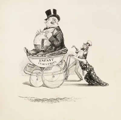 A Woman Struggles To Push A Large Baby Carriage With A Fat Man Inside Representing Infant Industries
