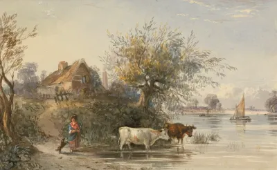 A Woman Tending Cattle By A River