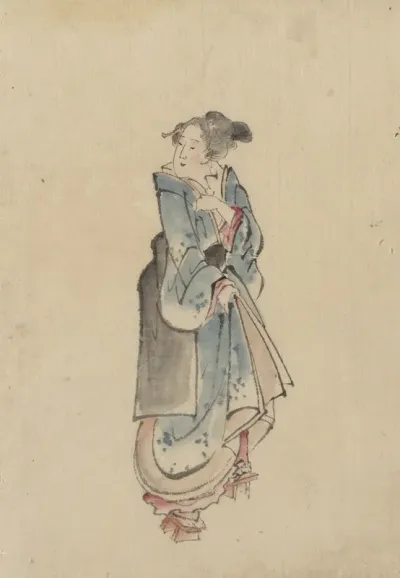 A Woman Walking To The Right Full Length Portrait Facing Left Wearing Kimono And Geta