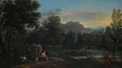 A Wooded Classical Landscape With Figures Resting In The Foreground And Bathing In The River A Town Beyond