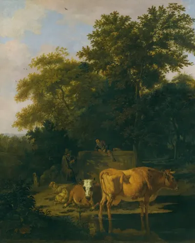 A Wooded Landscape At Dusk With Two Herdsmen A Dog Sheep And Cattle