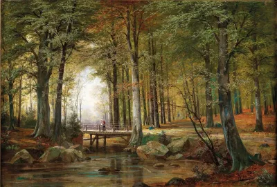 A Wooded Landscape With A Creek And A Bridge