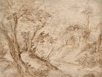 A Wooded Landscape With A Figure Resting Beside A Road And A River In The Background