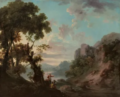 A Wooded Landscape With A Lake Anglers In The Foreground