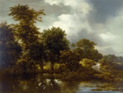 A Wooded Landscape With A Pond