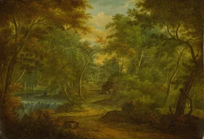 A Wooded Landscape With A Stream And A Fisherman