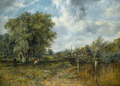 A Wooded Landscape With Cattle And A Cottage Beyond
