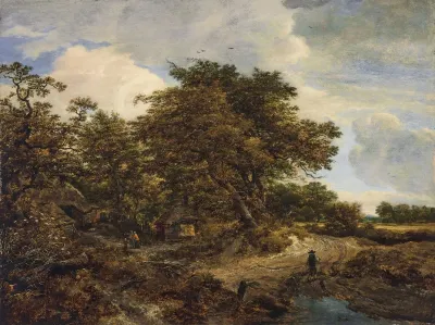 A Wooded Landscape With Cottages And A Figure And Dogs On A Dirt Path