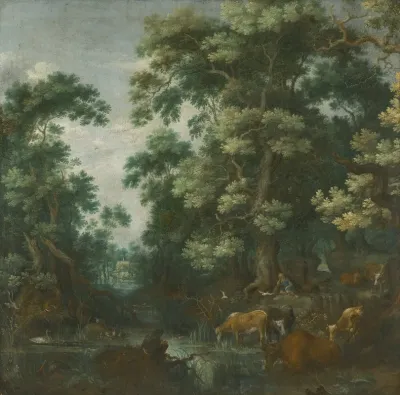 A Wooded Landscape With Deer And Cattle By A River A Sleeping Herdsman Nearby
