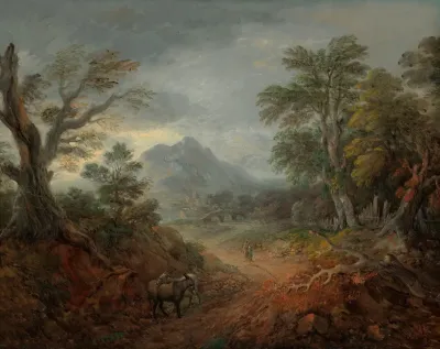 A Wooded Landscape With Donkeys And Figures On A Path