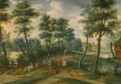 A Wooded Landscape With Drovers And Their Cattle A Village Beyond