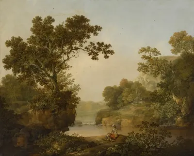 A Wooded Landscape With Figures In The Foreground A Cottage Beyond