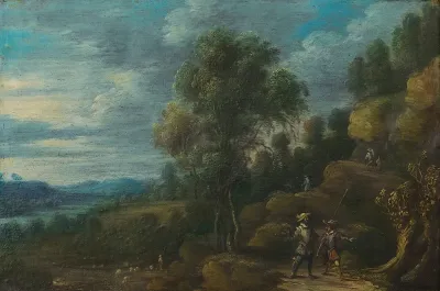 A Wooded Landscape With Figures On A Path