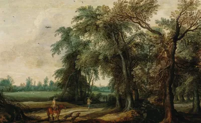 A Wooded Landscape With Hunters